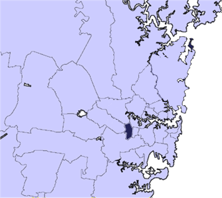 Map highlighting the area of Redfern in Sydney, Australia, with surrounding regions lightly shaded.